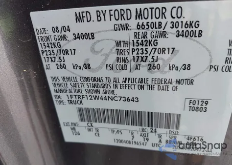 2004 Ford F150 z USA, uszkodzony, nr VIN 1FTRF12W44NC73643